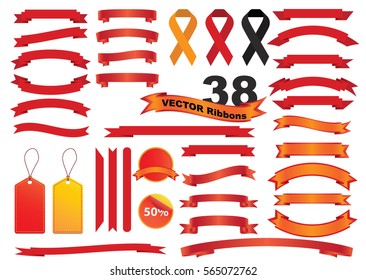 Ribbon vector icon set red color on white background. Banner isolated shapes illustration of gift and accessory. Christmas sticker and decoration for app and web. Label, badge and borders collection.