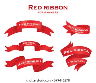 Ribbon vector icon set red color on white background. Banner isolated shapes illustration of gift and accessory. Christmas sticker and decoration for app and web. Label, badge and borders collection.