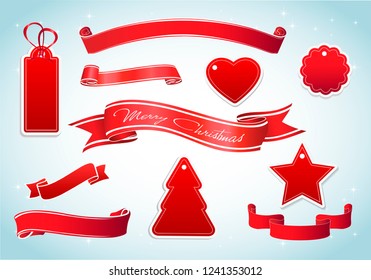 Ribbon vector icon set wih background. Banner isolated shapes illustration of gift and accessory. Christmas sticker and decoration. Label, badge and borders collection.Vector Illustration.
