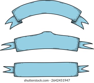 Ilustração vetorial da faixa de opções com espaço para texto. Linear pastel azul desenho para marca e embalagem em estilo vintage. Esboço do esboço dos pergaminhos para cabeçalhos e títulos do menu retro.