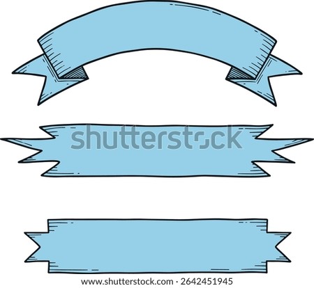 Ribbon vector illustration with space for text. Linear pastel blue drawing for branding and packaging in vintage style. Outline sketch of Scrolls for retro menu headers and titles.