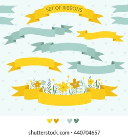 Ribbon vector set with hand drawn flowers and plants. Tape collection isolated. 