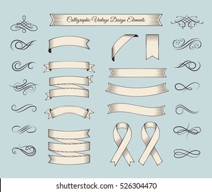 Ribbon vintage banners and filigree swirls set. Invitation Collection. Hand drawn design element. Vector Illustration.