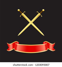 Ribbon waves banner and crossed swords with heavy handles. Epees made of gold and red stripe with yellow borders. Icons set closeup isolated on vector