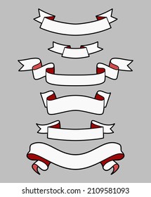 Ribbon white with red flat set. Simple retro ribbons collection. Vintage graphic blank tape template. Elegant modern swirling stripe. Curled blank heading banner, title decoration, badge, text frame
