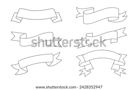 Ribbon white, thin line icons set. Text banner sign set. Decorative ribbon linear icon vintage flag, graphic sale badge. Simple white ribbon black outline, symbol isolated. Vector illustration