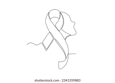 A ribbon and a woman's face. Breast cancer awareness month one-line drawing