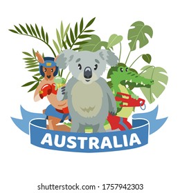 Ribbon words Australia, colorful banner, animals wildlife Australian continent, design, cartoon style vector illustration. National nature park, kangaroo native habitat, koalas isolated on white