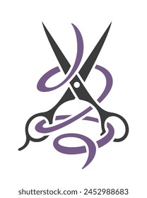 Ribbon wrapped around open scissors.  Sign for tailor atellier, barbershop, fashion studio. Vector illustration.