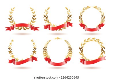 Ribbon wreath set with isolated compositions of festive red ribbons and golden leaves of different shape vector illustration