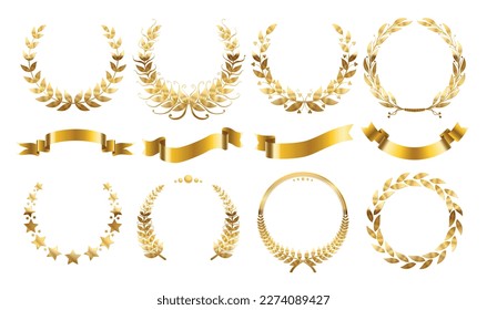 Ribbon wreath winner set of isolated circle shaped floral elements and shiny ribbons on blank background vector illustration