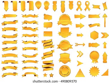 Ribbon yellow vector icon on white background. Banner isolated shapes illustration of gift and accessory. Christmas sticker and decoration for app and web. Label, badge and borders collection.