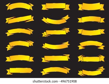 Ribbon yellow vector icon on black background. Banner isolated shapes illustration of gift and accessory. Christmas sticker and decoration for app and web. Label, badge and borders collection.