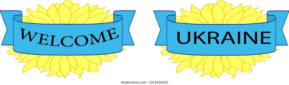 ribbon for in yellow-blue color on the background of a sunflower. Welcome. Ukraine