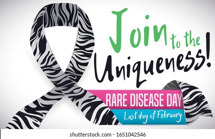 Ribbon with zebra pattern and sign with greeting message like symbol to celebrate Rare Disease Day in the last day of February.