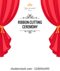 Ribbon-cutting ceremony poster with  red curtains. Vector illustration