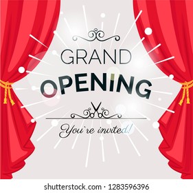 Ribbon-cutting ceremony poster with  red curtains. Vector illustration