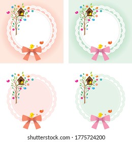 ribboned doyle decoration.Doyle's background with a birdhouse over flowers and birds and trees.Vector source for moving and editing individual images.