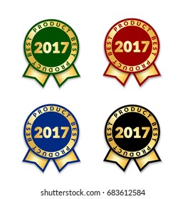 Ribbons award best product of year 2017 set. Gold ribbon award icon isolated white background. Best product golden label for prize, badge, medal, guarantee quality product Vector illustration