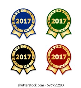 Ribbons award best product of year 2017 set. Gold ribbon award icon isolated white background. Best product golden label for prize, badge, medal, guarantee quality product Vector illustration