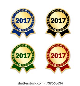 Ribbons award best product of year 2017 set. Gold ribbon award icon isolated white background. Best product golden label for prize, badge, medal, guarantee quality product Vector illustration