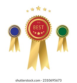 Ribbons award best seller set. Gold ribbon award icon isolated white background. Vector illustration.