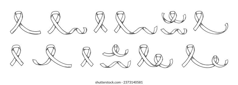 Ribbons for awareness day. Breast cancer awareness symbol collection. Sketch vector illustration isolated in white background