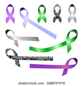 Ribbons awareness month set vector. Carcinoid, glaucoma, lungs, stomach cancer sign campaign for emblem, medical web, banner..