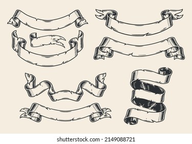 Ribbons banner set vintage emblem monochrome style isolated old banners damaged decorative strips with empty space vector illustration