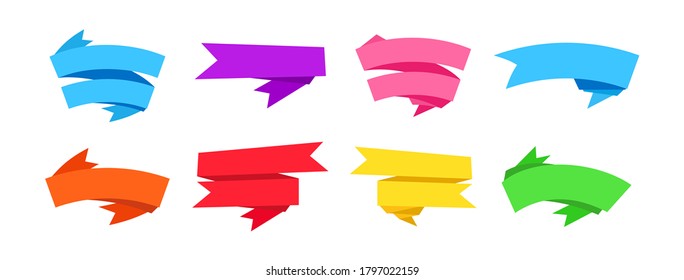 Ribbons Banner für Text-Flachdesign Set. Bänder leer, leere Kollektion markieren, dekorative Symbole. Origami Web-Aufkleber, Cartoon-Design, bunter Zeichen. Farbiges Web-Icon-Kit. Einzelne Vektorgrafik