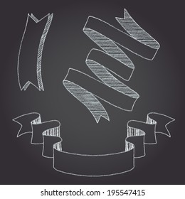 Ribbons and banners design elements. Chalk sketch drawing. Vector