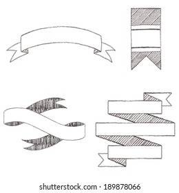 Ribbons and banners design elements. Pencil sketch drawing. Vector