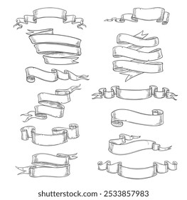 Fitas, banners, bandeiras e esboços vetoriais antigos de pergaminhos de papel. Fita ondulada em branco vintage, flâmula real, bandeira e galhardete heráldico, pergaminho pergaminho, banner e esboços manuscritos antigos desenhados à mão