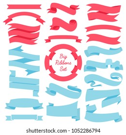 Ribbons banners, Illustration set of blue and red tape isolated on white background. vintage details for wedding card and lettering. Decor for holiday.