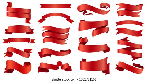 Ribbons banners, Illustration set and tape isolated on white background. red vintage details for wedding card and lettering. Decor for holiday.