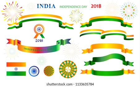 Ribbons banners, ribbon icons, Indian flag sign, fireworks and traditional symbols collection for India 15th August Independence Day advertising, greeting cards and invitation decoration, vector set