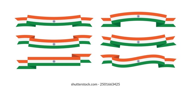 Ribbons banners, ribbon icons, Indian flag sign, collection for India 15 August Independence Day 26 January Republic Day advertising greeting cards and invitation decoration. Vector illustrations.