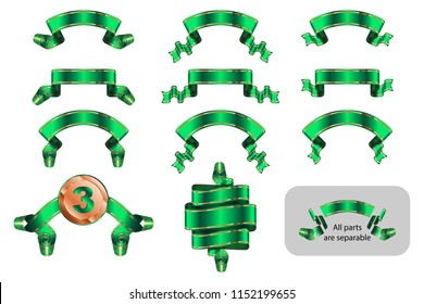 Ribbons and banners set with copy space in shape bending, wave, arc, rise. Solemn heraldic tapes with golden lines. Richly greeting design. Vector isolated realistic illustrations. Version Green A
