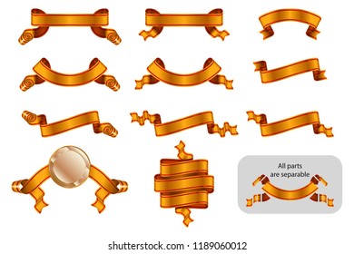 Ribbons and banners set with copy space. Solemn heraldic golden tapes. Richly greeting design. Vector isolated realistic illustrations. Version Golden B