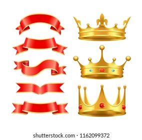 Ribbons banners stripes and crowns icons set. Crossed design element on coronets top. Diamonds and gemstones incrustated in corona isolated  vector