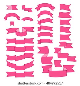 Ribbons, big set of hand drawn design elements: flag, banner, label, mark isolated on white. Sketch ribbon with empty space for title writing. Cartoon collection. Vector.