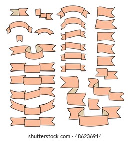 Ribbons, big set of hand drawn design elements: flag, mark isolated on white. Cartoon pastel orange ribbon with empty space for title writing. Doodle collection of ribbons. Vector.