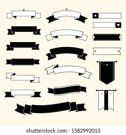 Ribbons black and white color set.Flat ribbon design with retro style.