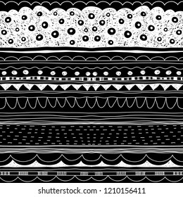 Ribbons, borders, dividers, ornaments, patterns set. Brush strokes, lines collection. Abstract seamless doodle pattern.