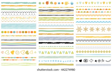 Ribbons, borders, dividers, patterns set. Hand drawn brush strokes, lines collection. Seasonal ornaments. Doodle pattern. Decorative design elements.