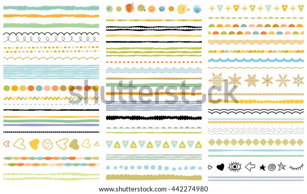 Ribbons, borders, dividers, patterns set. Hand\
drawn brush strokes, lines collection. Seasonal ornaments. Doodle\
pattern. Decorative design\
elements.