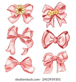 Ribbons bow illustrations hand painted watercolor styles Collection, Watercolor Ribbon Bow Collection Set