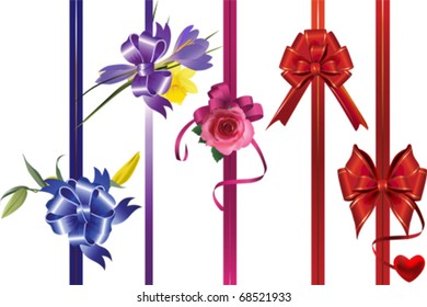Ribbons with bows and flowers. All elements and textures are individual objects. Vector illustration scale to any size.