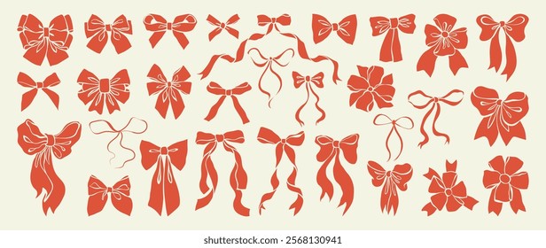 Ribbons bows hand drawn simple set. Red holiday bows for gift wrapping. Bowknot silhouettes for Christmas, New Year, Valentine's Day cards, wedding invitations, and banners. Flat vector illustration.