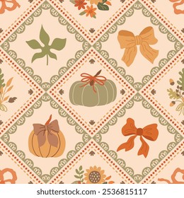 Ribbons and bows patchwork seamless pattern with autumn leaves, pumpkins. Thanksgiving day wallpaper. Cute vector fall quilt, blanket, cozy mosaic background, print, wrap, gift paper, textile design.